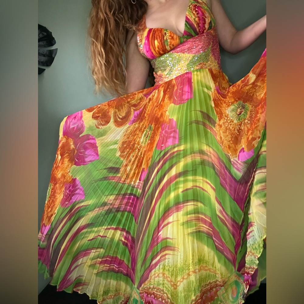 Tropical Floral Multi-Color Evening Gown Maxi Dress with Beading and Sequins - Picture 2 of 8